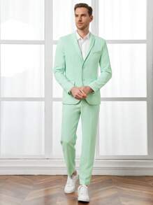 Manfinity RebelGame Men Solid Blazer & Suit Trousers Set - Mint Green - View 2