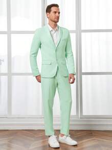 Manfinity RebelGame Men Solid Blazer & Suit Trousers Set - Mint Green - View 4
