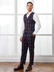 Manfinity NiteLyfe 男士棉格紋印花馬甲西裝外套和褲子無襯衫 - 彩色 - 查看 7