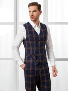 Manfinity NiteLyfe 男士棉格紋印花馬甲西裝外套和褲子無襯衫 - 彩色 - 查看 3