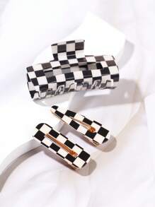 Checkered Hair Claw & 2pcs Hair Clip - Multicolor - View 1
