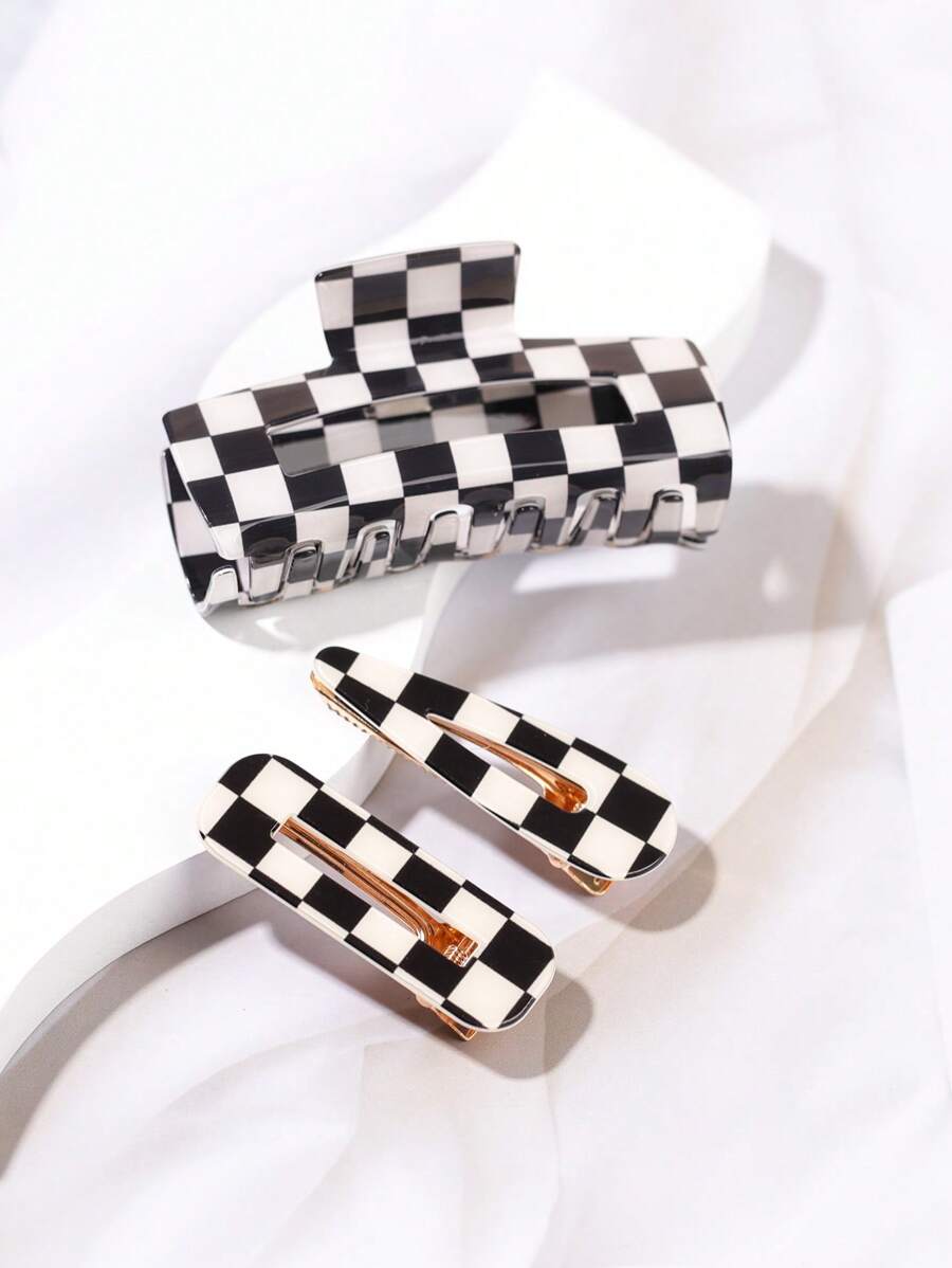 Checkered Hair Claw & 2pcs Hair Clip - Multicolor - View 1