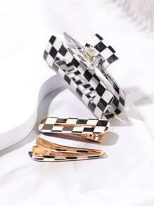 Checkered Hair Claw & 2pcs Hair Clip - Multicolor - View 2