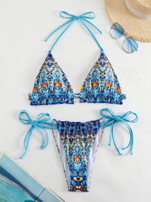 SHEIN Swim Summer Beach Allover Print Halter Triangle Bikini Set - Multicolor - View 5