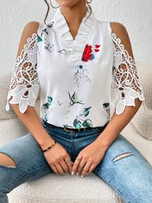 SHEIN Clasi Floral Print Cold Shoulder Guipure Lace Blouse - White - View 1