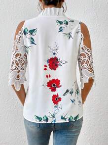 SHEIN Clasi Floral Print Cold Shoulder Guipure Lace Blouse - White - View 2