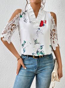 SHEIN Clasi Floral Print Cold Shoulder Guipure Lace Blouse - White - View 3