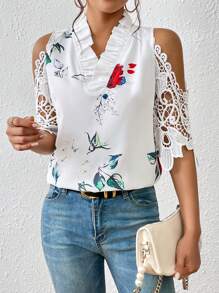 SHEIN Clasi Floral Print Cold Shoulder Guipure Lace Blouse - White - View 4
