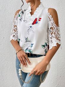 SHEIN Clasi Floral Print Cold Shoulder Guipure Lace Blouse - White - View 5