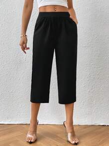 SHEIN Unity Solid Slant Pocket Capris Trousers - Black - View 2