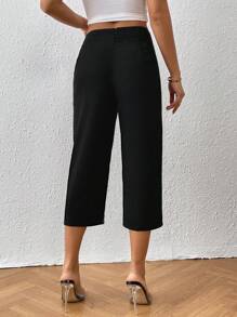 SHEIN Unity Solid Slant Pocket Capris Trousers - Black - View 3