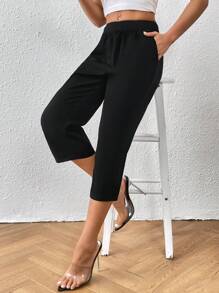 SHEIN Unity Solid Slant Pocket Capris Trousers - Black - View 1