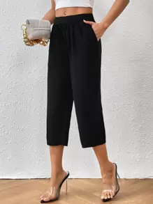 SHEIN Unity Solid Slant Pocket Capris Trousers - Black - View 5