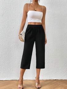 SHEIN Unity Solid Slant Pocket Capris Trousers - Black - View 6