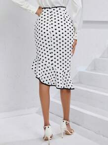 SHEIN Clasi 波卡圓點撞色滾邊側打結荷葉邊半身裙 - 白色 - 查看 2