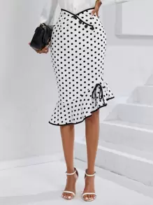 SHEIN Clasi 波卡圓點撞色滾邊側打結荷葉邊半身裙 - 白色 - 查看 5