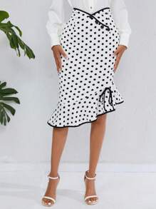 SHEIN Clasi 波卡圓點撞色滾邊側打結荷葉邊半身裙 - 白色 - 查看 6