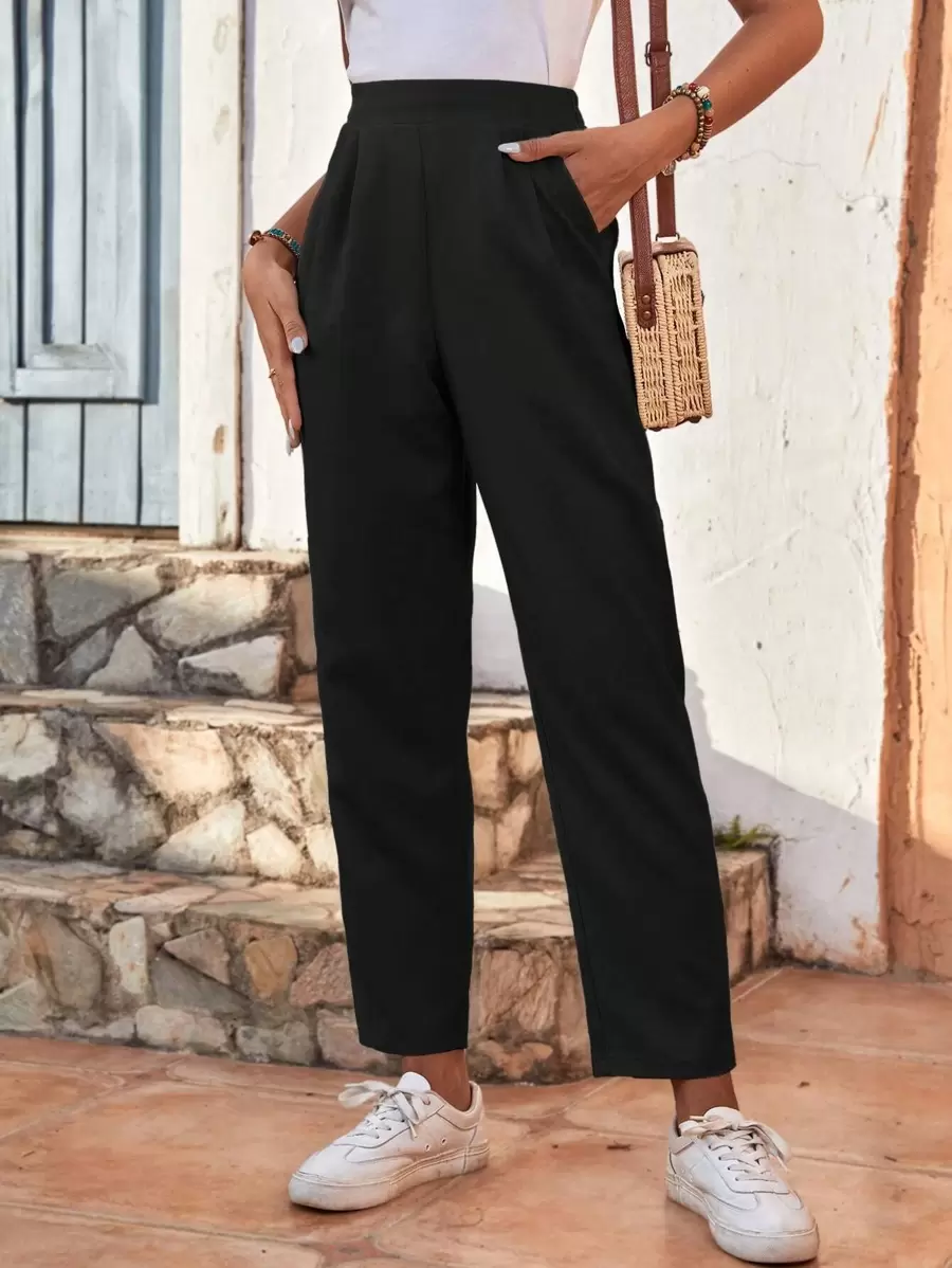 SHEIN Frenchy Solid Slant Pocket Trousers - Black - View 1