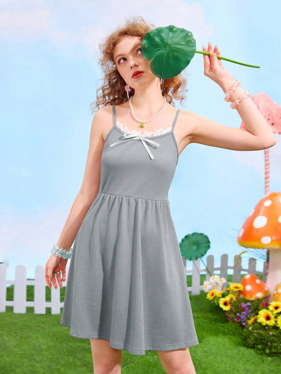 ROMWE Kawaii Đầm Nơ Bướm Tương phản ren Gân đan màu trơn Giải trí - Xám - Xem 1