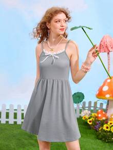 ROMWE Kawaii Đầm Nơ Bướm Tương phản ren Gân đan màu trơn Giải trí - Xám - Xem 5