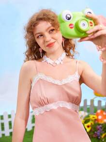 ROMWE Kawaii Đầm Tương phản ren Khối Màu Giải trí - Hồng - Xem 4