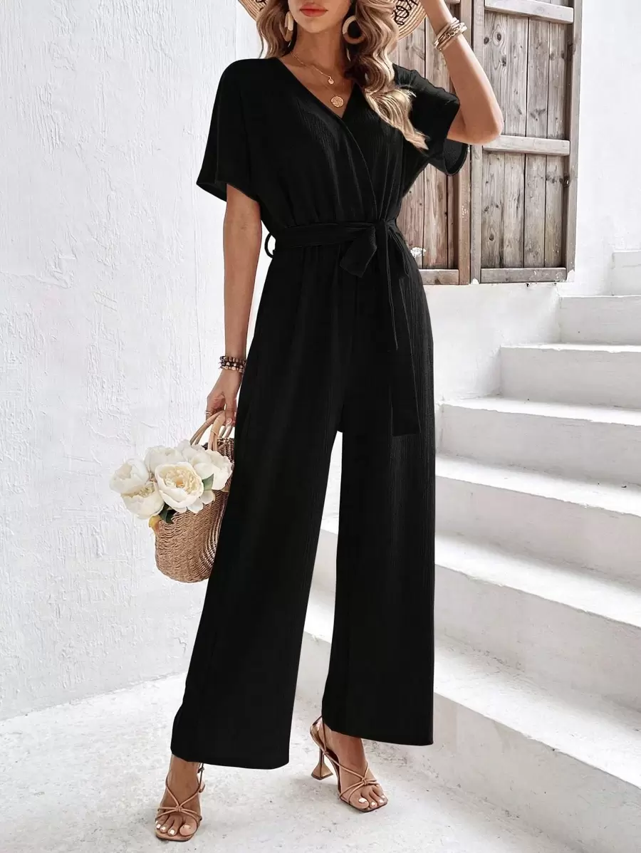 SHEIN Frenchy Áo liền quần nữ Thắt lưng Trọn gói màu trơn Giải trí - màu đen - Xem 1