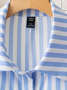 SHEIN Franclia Plus Striped Print Roll Tab Sleeve Shirt Dress - Baby Blue - View 3