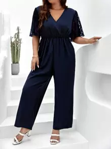 SHEIN Clasi Plus Contrast Lace Butterfly Sleeve Wide Leg Jumpsuit - Navy Blue - View 1