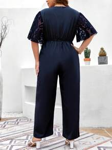 SHEIN Clasi Plus Contrast Lace Butterfly Sleeve Wide Leg Jumpsuit - Navy Blue - View 2