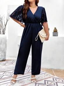 SHEIN Clasi Plus Contrast Lace Butterfly Sleeve Wide Leg Jumpsuit - Navy Blue - View 3