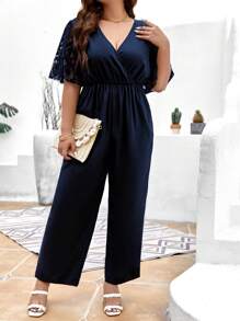 SHEIN Clasi Plus Contrast Lace Butterfly Sleeve Wide Leg Jumpsuit - Navy Blue - View 6
