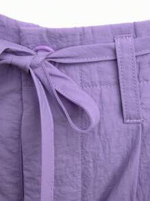 Denimoi Solid Drawstring Waist Flap Pocket Belted Cargo Trousers - Lilac Purple - View 8