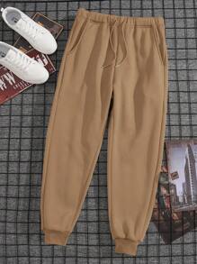 Men Solid Drawstring Waist Sweatpants - Khaki - View 1