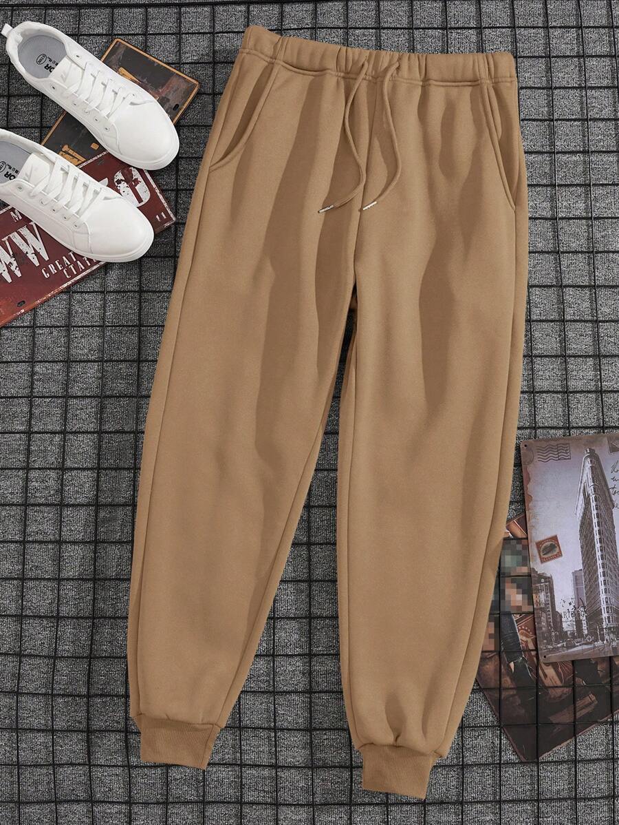 Men Solid Drawstring Waist Sweatpants - Khaki - View 1