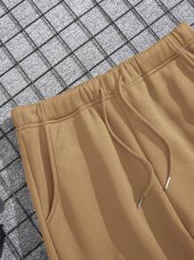 Men Solid Drawstring Waist Sweatpants - Khaki - View 4