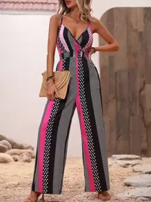 SHEIN VCAY 圓點和條紋印花吊帶連體褲 - 玫紅色 - 查看 3