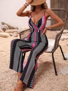 SHEIN VCAY 圓點和條紋印花吊帶連體褲 - 玫紅色 - 查看 6