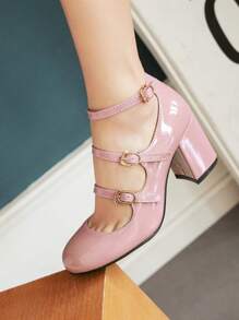 女士搭扣裝飾瑪麗珍粗跟時尚高跟鞋 - 藕粉色 - 查看 3