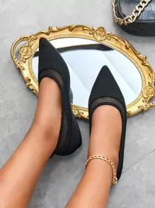 Contrast Mesh Point Toe Ballet Flats - Black - View 1