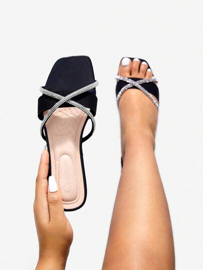 CUCCOO TILAWA Woman Shoes Rhinestone Decor Square Toe Criss Cross Strap Slide Glamorous Colorblock Outdoor Fabric Flat Sandals For Spring And Summer Vacation Shoes Summer Back To School Shoes College Student Shoes Spring Shoes Spring Break Easter