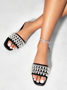 CUCCOO TILAWA Rhinestone & Faux Pearls Decor Slide Sandals - Black - View 2