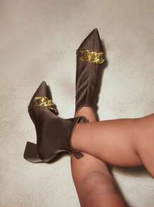Chain Decor Point Toe Chunky Heeled Classic Boots - Brown - View 1