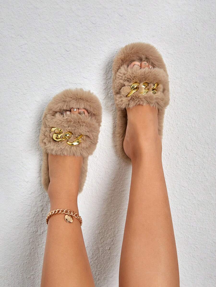 Fuzzy Chain Decor Bedroom Slippers - Khaki - View 1