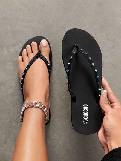 Woman Shoes Studded Decor Flip Flops For Summer Vacation Shoes Summer Back To School Shoes College Student Shoes Spring Shoes Spring Break Easter For Casual Beach Style For Christmas