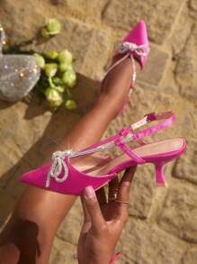 CUCCOO SZL Rhinestone & Bow Decor Point Toe Heeled Satin Slingback Pumps - Hot Pink - View 2