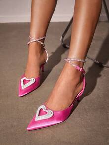 CUCCOO SZL Rhinestone & Heart Decor Stiletto Heeled Ankle Strap Satin Pumps - Hot Pink - View 7