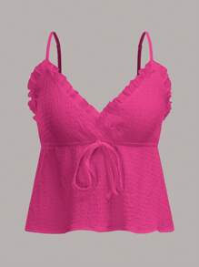 SHEIN MOD Frill Trim Tie Front Cami Top - Hot Pink - View 1