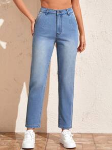 高腰直筒牛仔褲 - 淺色水洗藍 - 查看 3