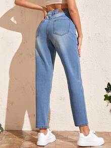 高腰直筒牛仔褲 - 淺色水洗藍 - 查看 2