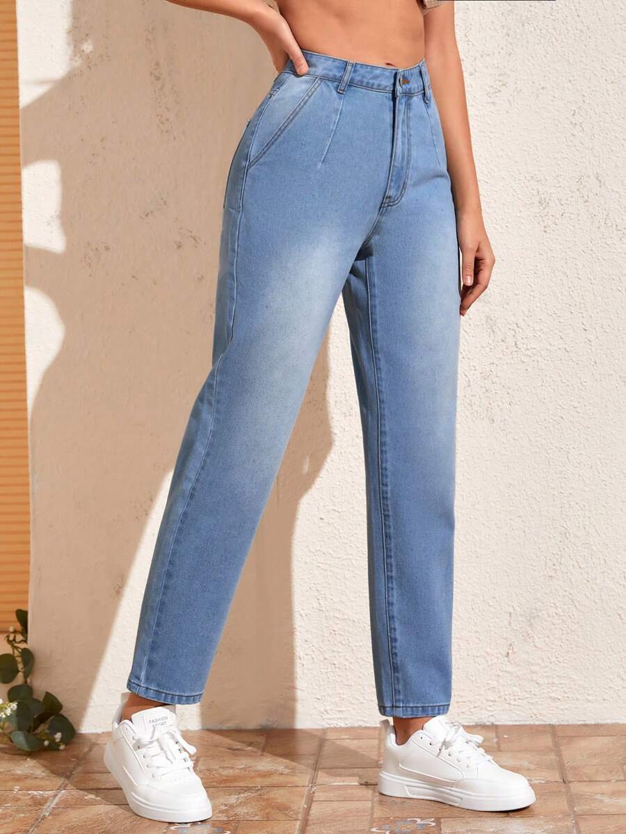 高腰直筒牛仔褲 - 淺色水洗藍 - 查看 1